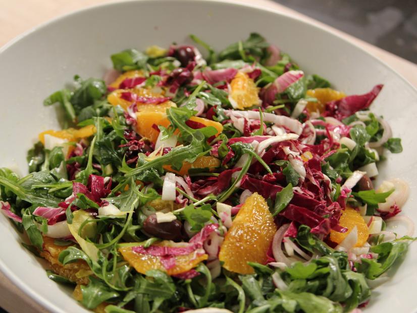 Close-up of Tricolore Salad with Orange, as seen on Barefoot Contessa: Back to the Basics, Season 15.