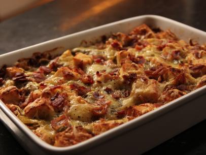 Close-up of Leek and Artichoke Bread Pudding, as seen on Barefoot Contessa: Back to the Basics, Season 15.