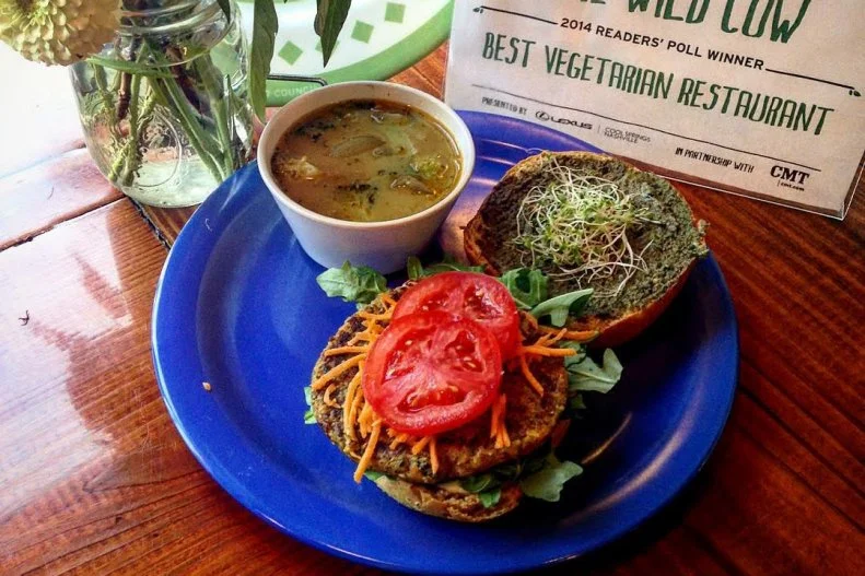 The wildest thing about this cow is that beef has no place on the menu, which proves there's more to Nashville than hot chicken and "meat and three." You'll find a wide array of vegetarian options here, including vegan queso and quinoa bowls, seitan and portobello mushroom French dips, and a top-rated veggie burger: a housemade, soy-free black bean patty with the works, on a whole-wheat bun.