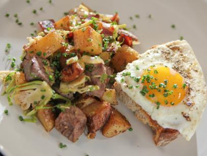 Close-up of Roast Beef Hash and Eggs, as seen on Barefoot Contessa: Back to the Basics, Season 15.