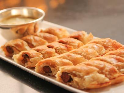Close-up of Lamb Sausage in Puff Pastry, as seen on Barefoot Contessa: Back to the Basics, Season 15.