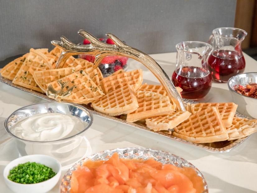 Food beauty of Giadas Smoked Salmon and Waffles as seen on season 4 of the Food Network show Giadas Holiday Handbook