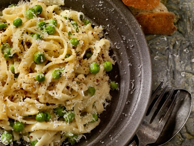 Creamy Fettucini with Peas and Parmesan and crusty Bread -Photographed on Hasselblad H3-22mb Camera