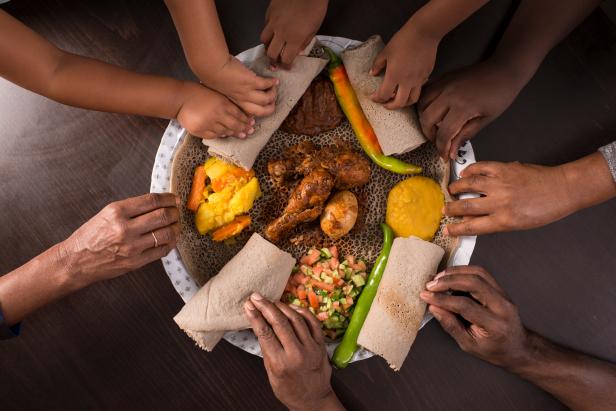 Traditional Ethiopian food is eaten with the hands.