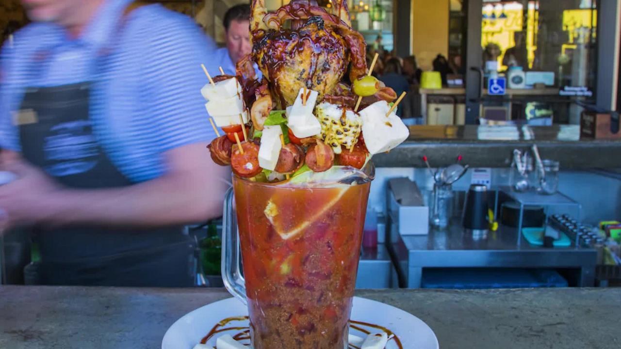 Bloody mary pitcher in Las Vegas is topped with a full meal