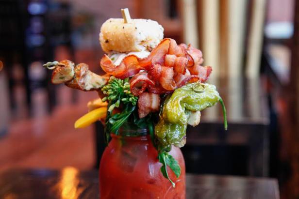 Bloody mary pitcher in Las Vegas is topped with a full meal