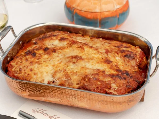 Food beauty of Giadas Baked Turkey Parmesan as seen on Season 4 of Food Networks Giadas Holiday Handbook