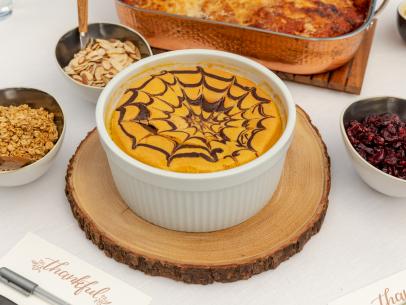 Food beauty of Giadas Chocolate Pumpkin Cheesecake Souffle as seen on Season 4 of Food Networks Giadas Holiday Handbook