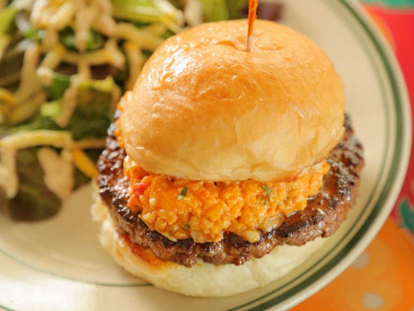 The Pimento Cheese Burger as Served at The Root Cafe in Little Rock, Arkansas, as seen on Diners, Drive-Ins and Dives, Season 29.