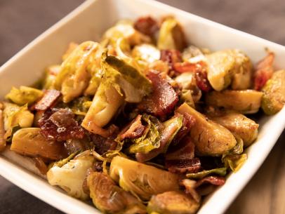 Close-up of Sauteed Brussels Sprouts and Bacon, as seen on Barefoot Contessa - Back to the Basics, Special.