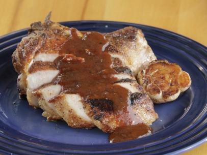 Alex Guarnaschelli - Charred Double Cut Pork Chop with Brown Sugar BBQ Sauce, as seen on Guy's Ranch Kitchen, Season 2.
