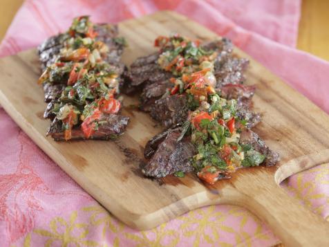 Grilled Skirt Steak with a Salsa-like Sauce Made of Charred Long Hot Peppers, Garlic, Anchovy, Lemon Zest and Olive Oil