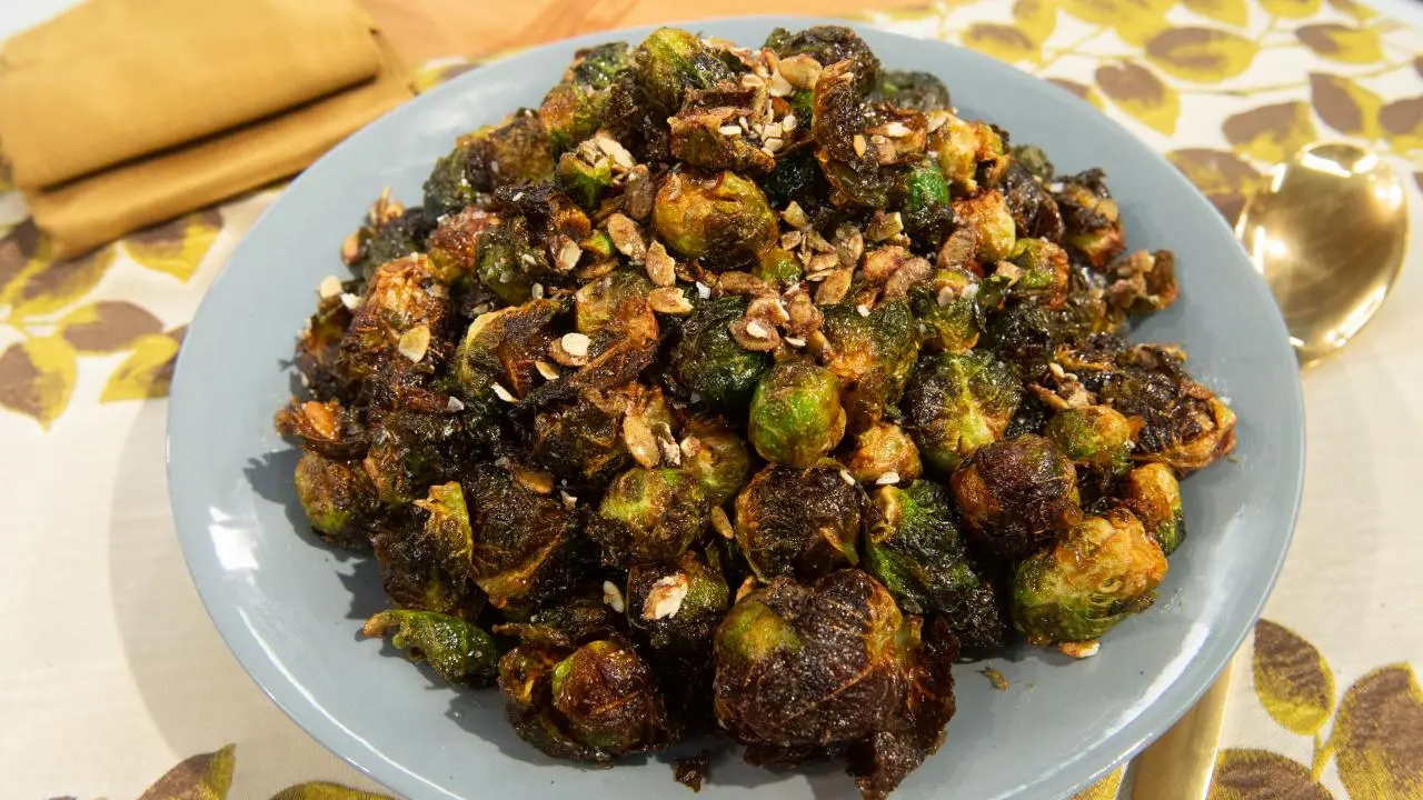 Fried Brussels Sprouts with Apple Reduction and Candied Pumpkin Seeds