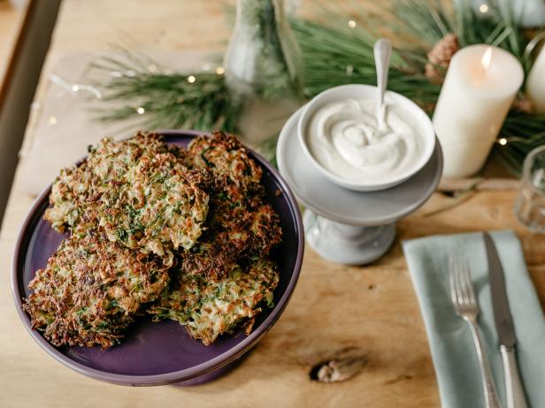 Host Molly Yeh's Brussels Sprouts Latkes & Balsamic Dijon Sour Cream, as seen on Girl Meets Farm, Season 2.