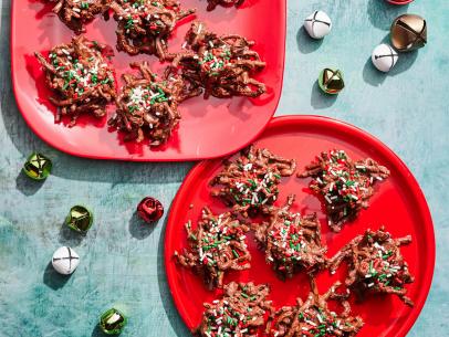 Description: Ree Drummond's Holiday Haystacks. Keywords: Chocolate Chips, Chow Mein Noodles, Almonds, Pistachios, Sprinkles.