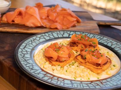 Chef Jonathan Waxman's Red Pepper Pancakes with Smoked Salmon, Caviar & Chive Cream Sauce, as seen on Guy's Ranch Kitchen, Season 2.