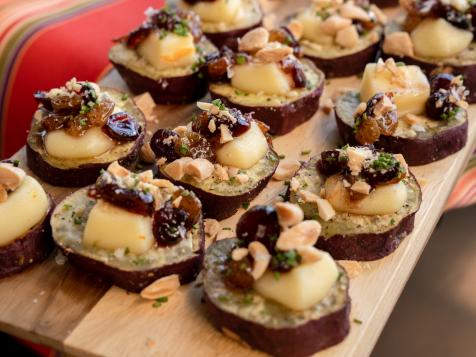 Roasted Sweet Potato Coins with Port Salute, Marcona Almonds and Bourbon Spiced Cranberries
