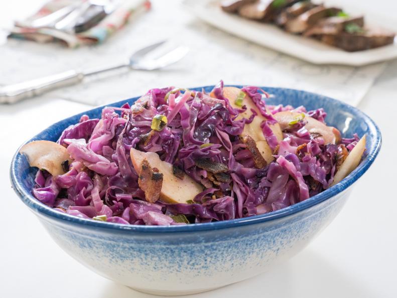 Food beauty of quick cabbage with bacon and apples, as seen on Food Network’s Trisha’s Southern Kitchen Season 13