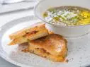 Food beauty of inside out bacon grilled cheese and wild mushroom soup, as seen on Food Network’s Trisha’s Southern Kitchen Season 13
