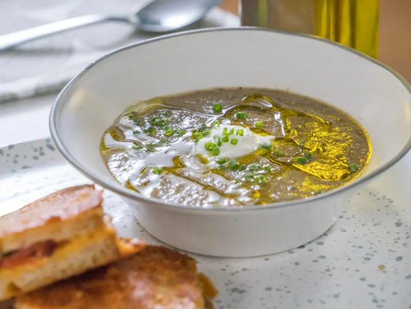 Food beauty of inside out bacon grilled cheese and wild mushroom soup, as seen on Food Network’s Trisha’s Southern Kitchen Season 13