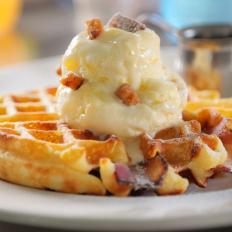 The Buttermilk Waffle, Bourbon Ice Cream, and Black Pig Bacon Toffee as Served at Zazu Kitchen and Farm in Sebastopol, California, as seen on Diners, Drive-Ins and Dives, Season 29.