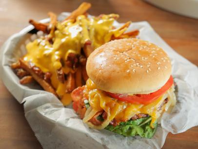 The Bacon Burger with Chili Cheese Fries as Served at Wrigleyville Grill in San Antonio, Texas, as seen on Diners, Drive-Ins and Dives, Season 29.