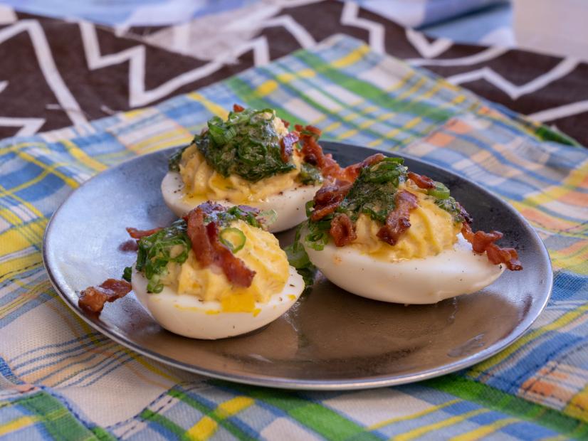 Chef Alex Guarnaschelli's Deviled Eggs with Bacon & Hot Sauce, as seen on Guy's Ranch Kitchen, Season 2.