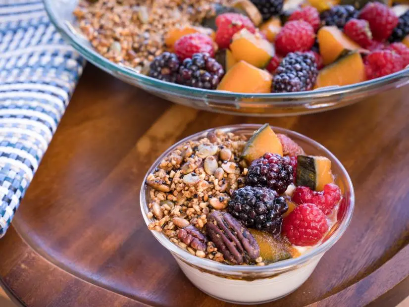 Chef Eric Greenspan's Greek Yogurt Parfait with ginger, candied pumpkin berries & granola, as seen on Guy's Ranch Kitchen, Season 2.