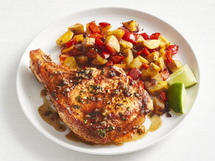 Zesty Spice-Rubbed Pork Chops with Plantain Hash Recipe | Food Network ...
