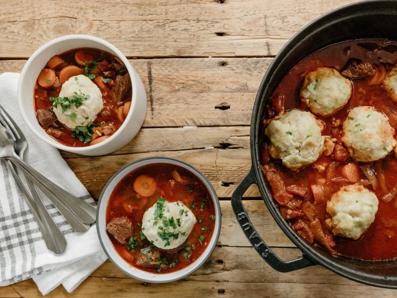 Host Molly Yeh's Goulash with Bread Dumplings , as seen on Girl Meets Farm, Season 2.