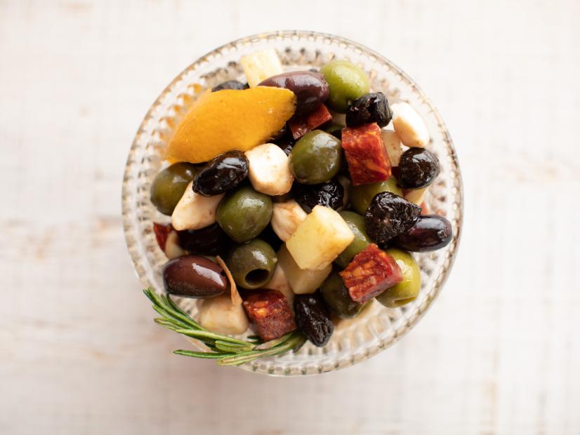 Close-up of Spanish Marinated Olives, as seen on The Pioneer Woman, Season 20.