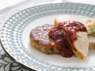 Food beauty of cranberry bbq turkey on a stuffing griddle cake, as seen on Food Network’s Trisha’s Southern Kitchen Season 13