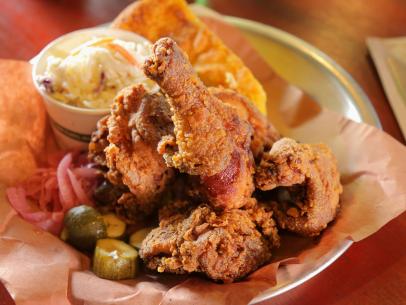 Apple Chili Brined Fried Chicken as Served at Cochon Volant BBQ in Sonoma, California, as seen on Diners, Drive-Ins and Dives, Season 29.