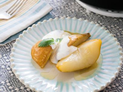 Food beauty of roasted pears with honey herb yogurt, as seen on Food Network’s Trisha’s Southern Kitchen Season 13