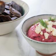 Food beauty of beet and walnut dip with fry chips, as seen on Food Network’s Trisha’s Southern Kitchen Season 13