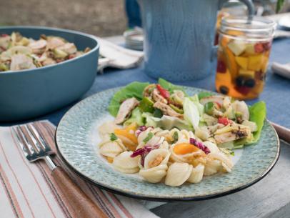 Food beauty of picnic pasta salad and balsamic chicken lettuce cups, as seen on Food Network’s Trisha’s Southern Kitchen Season 13