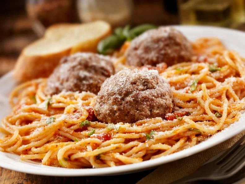 Spaghetti with Large Meatballs in a Tomato Basil Sauce with fresh Bread -Photographed on Hasselblad H3-22mb Camera