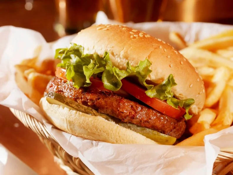 Hamburger with French Fries and a Beer in a Basket-Photographed on Hasselblad H3D2-39mb Camera