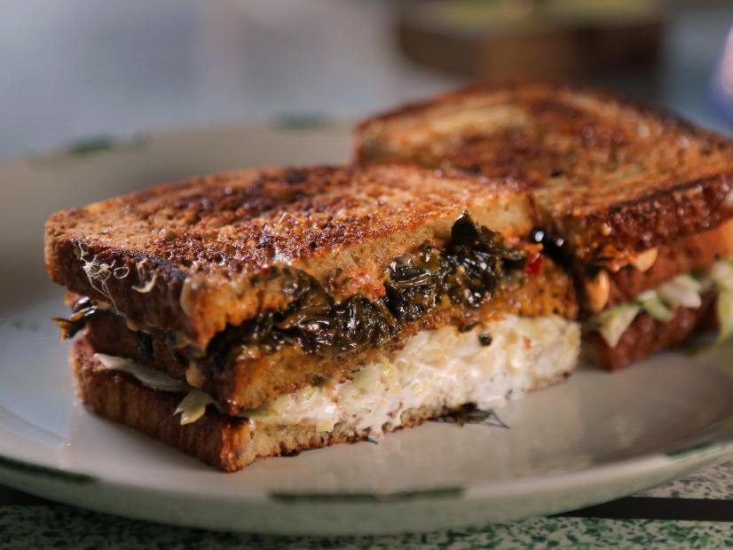 The Collard Green Melt as Served at Turkey and The Wolf in New Orleans, Louisiana, as seen on Diners, Drive-Ins and Dives, Season 30.