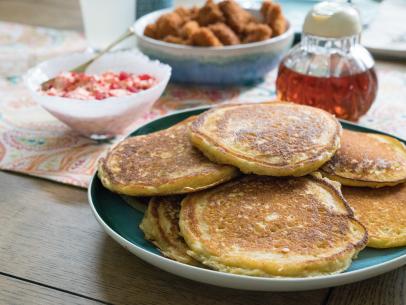 Food beauty of cornmeal pancakes, as seen on Food Networkâ  s Trishaâ  s Southern Kitchen Season 13