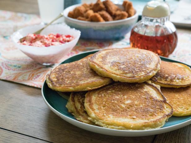 Cornmeal Pancakes with Fried Chicken Bites