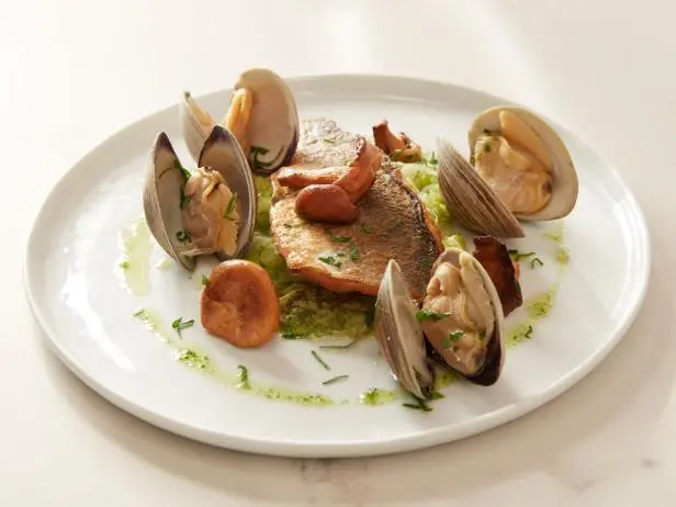 Branzino with Clams, Leeks and Salsa Verde Recipe | Scott Conant | Food Network