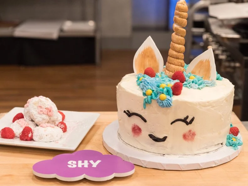 Contestant Linsey Lam's completed dish from the main heat challenge, Confetti Cake with a Raspberry Simple and American Buttercream, as seen on Food Network's Kids Baking Championship Season 4
