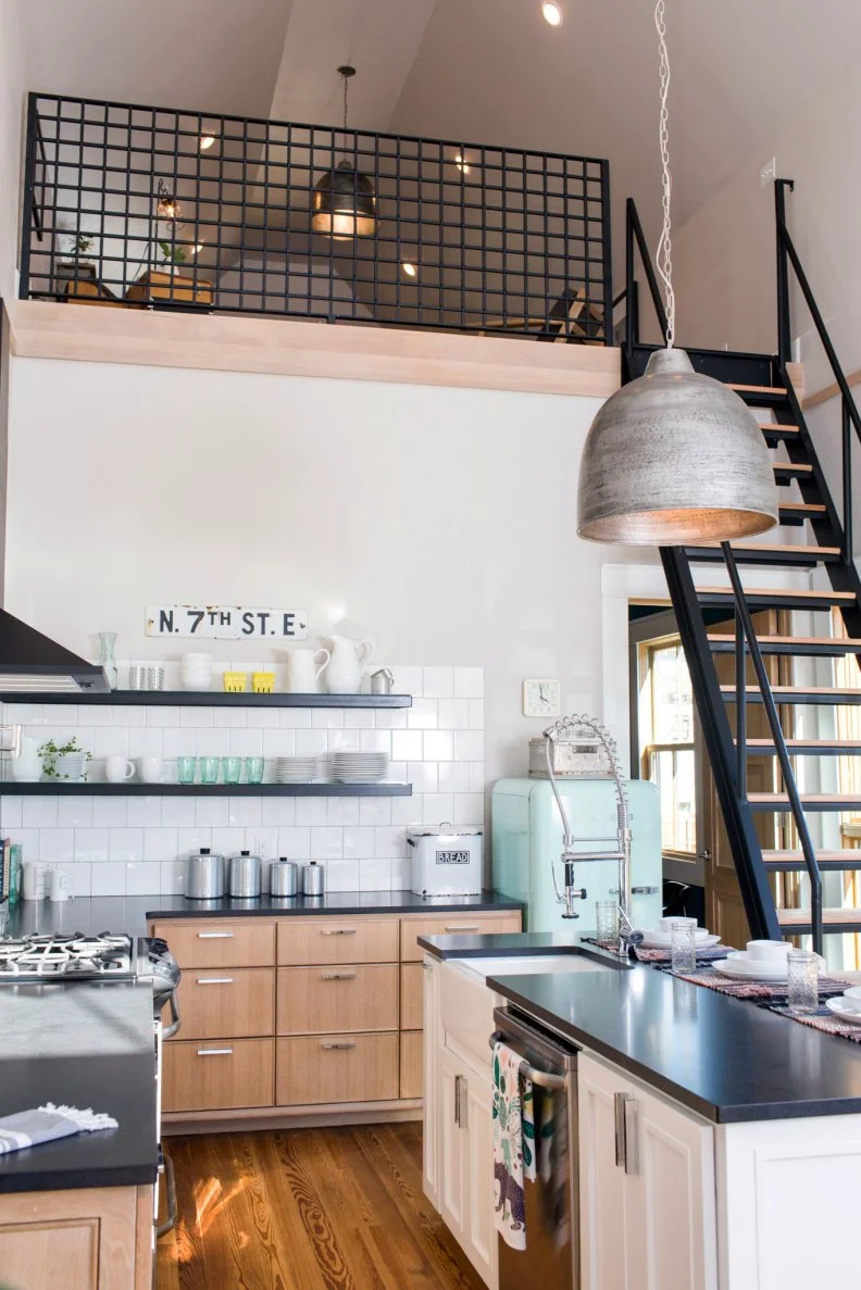 Metal and Wood Ladder, Loft Living Space and Kitchen