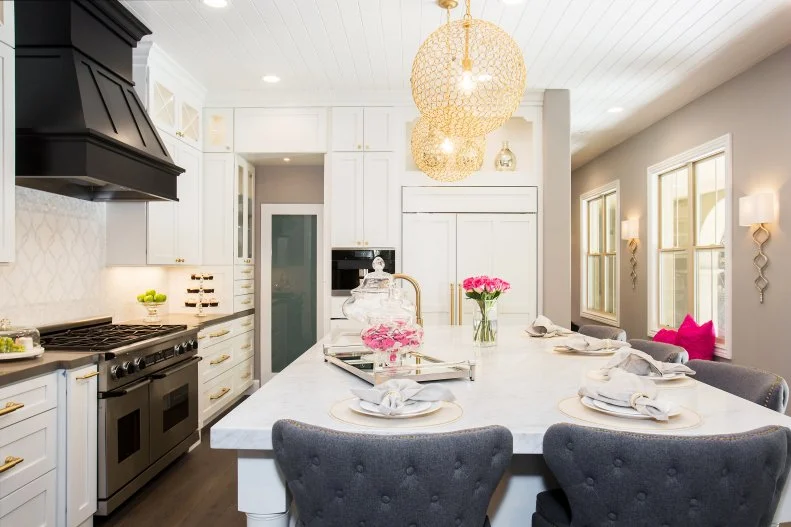 White Kitchen With Pink Flowers