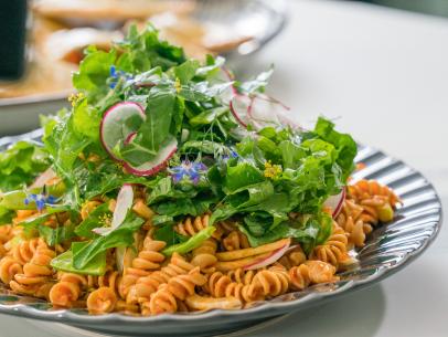 Beauty of pasta salad with greens and herbs, root veggies, as seen on Food Network’s Trisha’s Southern Kitchen Season 11