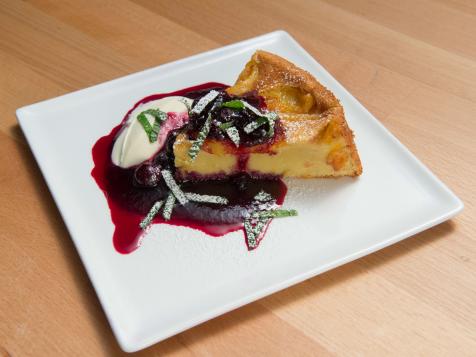 Olive Oil Cake with Blueberry Sauce and Peaches