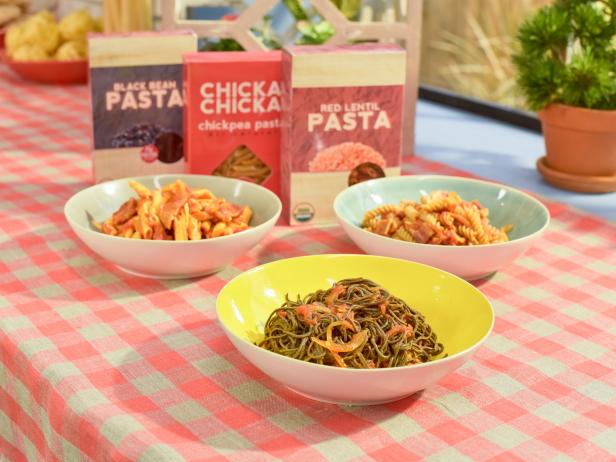 The Kitchen hosts share Red Lentil, Black Bean, and Chick Pea pasta with Katie Lee's Amatriciana Sauce, as seen on Food Network's The Kitchen  , Season 16.