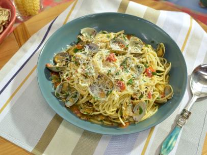 Chef Christian Petroni makes Spaghetti with Clams, as seen on Food Network's The Kitchen , Season 16.