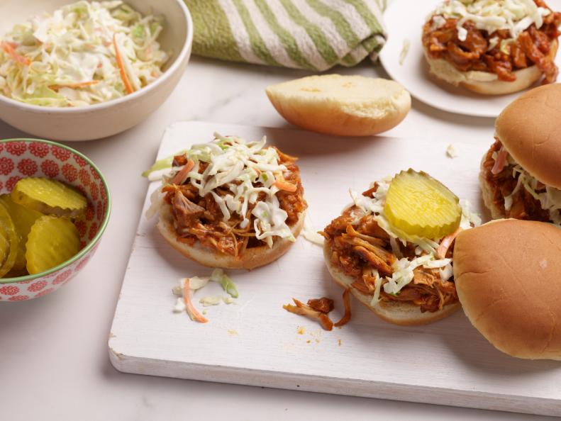 Food Network Kitchen's Slow-Cooker Freezer-Pack BBQ Chicken Sandwiches, as seen on Food Network.